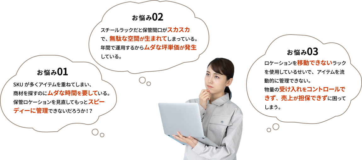 お悩み01 SKUが多くアイテムを重ねてしまい、商材を探すのにムダな時間を要している。保管ロケーションを見直してもっとスピーディーに管理できないだろうか！？ お悩み 02 スチールラックだと保管間口がスカスカで、無駄な空間が生まれてしまっている。年間で運用するからムダな坪単価が発生している。お悩み03 ロケーションを移動できないラックを使用しているせいで、アイテムを流動的に管理できない。物量の受け入れをコントロールできず、売上が担保できずに困ってしまう。