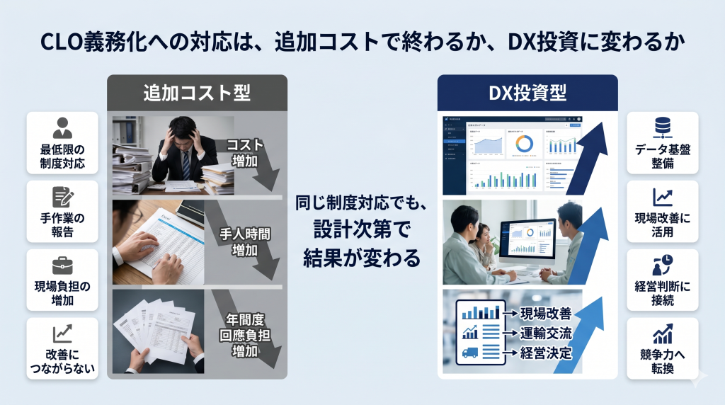 CLO義務化への対応を追加コスト型とDX投資戦略型で比較した図