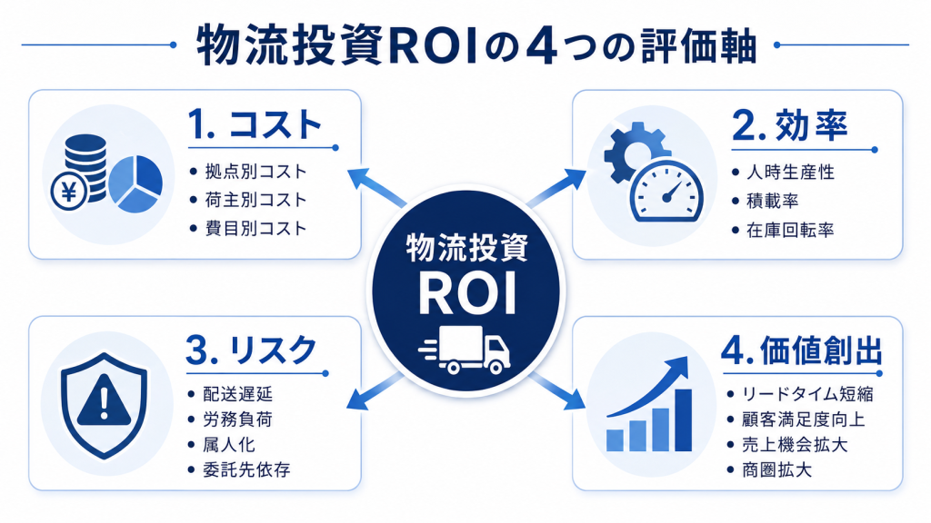 物流投資のROIをコスト、効率、リスク、価値創出の4つの評価軸で整理した図