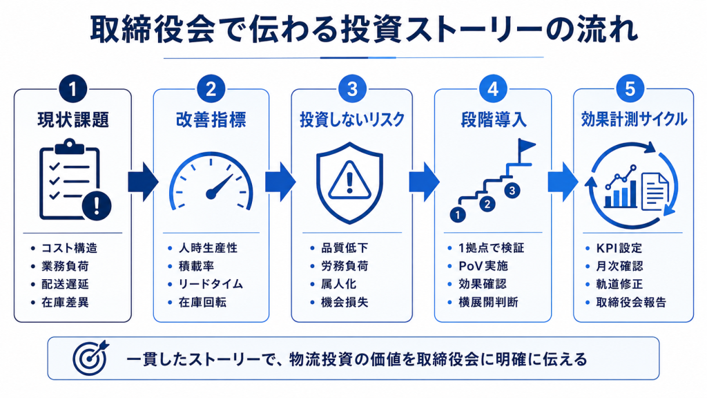 現状課題、改善指標、投資しないリスク、段階導入、効果計測サイクルの順に物流投資を説明する流れを示した図