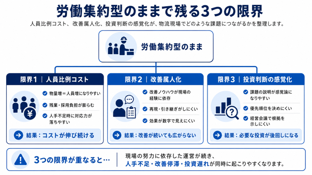 人員比例コスト、改善属人化、投資判断の感覚化を示した構造図