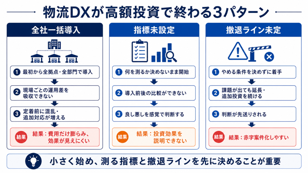 物流DXが高額投資で終わる3つの典型パターンの構造図