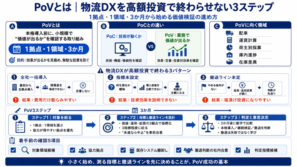 PoVとは何かを整理した物流DX向け図解。1拠点・1領域・3か月で価値を検証する考え方、PoCとの違い、高額投資で終わる3パターン、PoVの3ステップ、着手前の確認5項目をまとめた要約図。