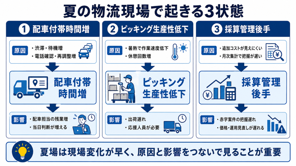夏の物流現場で起きやすい3つの状態を構造化した図