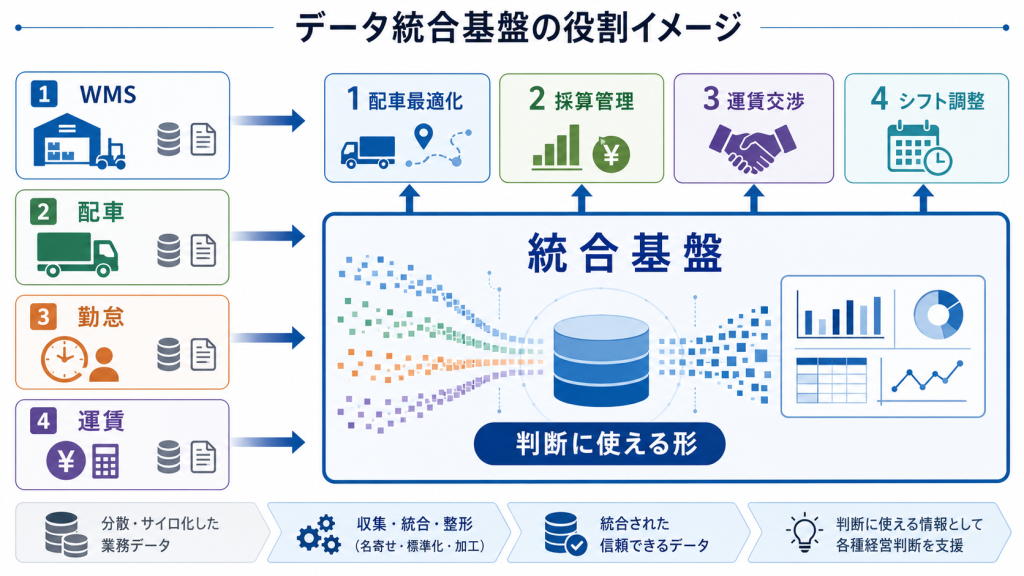 データ統合基盤が複数システムを束ねて判断レイヤーを支える構造図