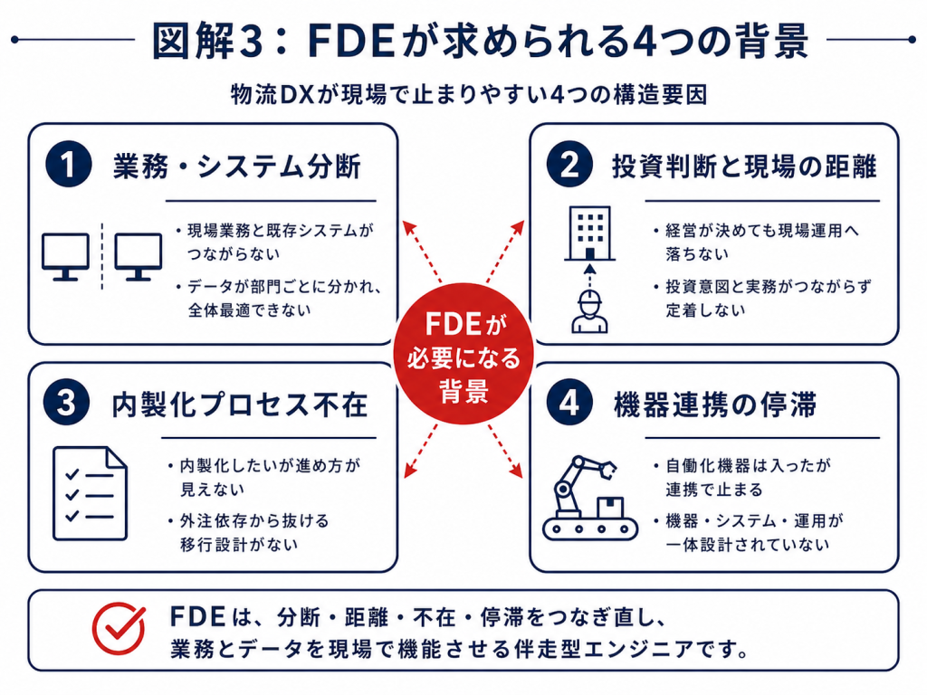 物流業界でFDE型エンジニアが求められる4つの構造的背景を整理した図