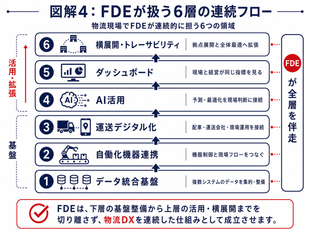 FDEが物流現場で連続的に担う6つの領域(データ統合・機器連携・運送・AI・ダッシュボード・横展開)の層構造図
