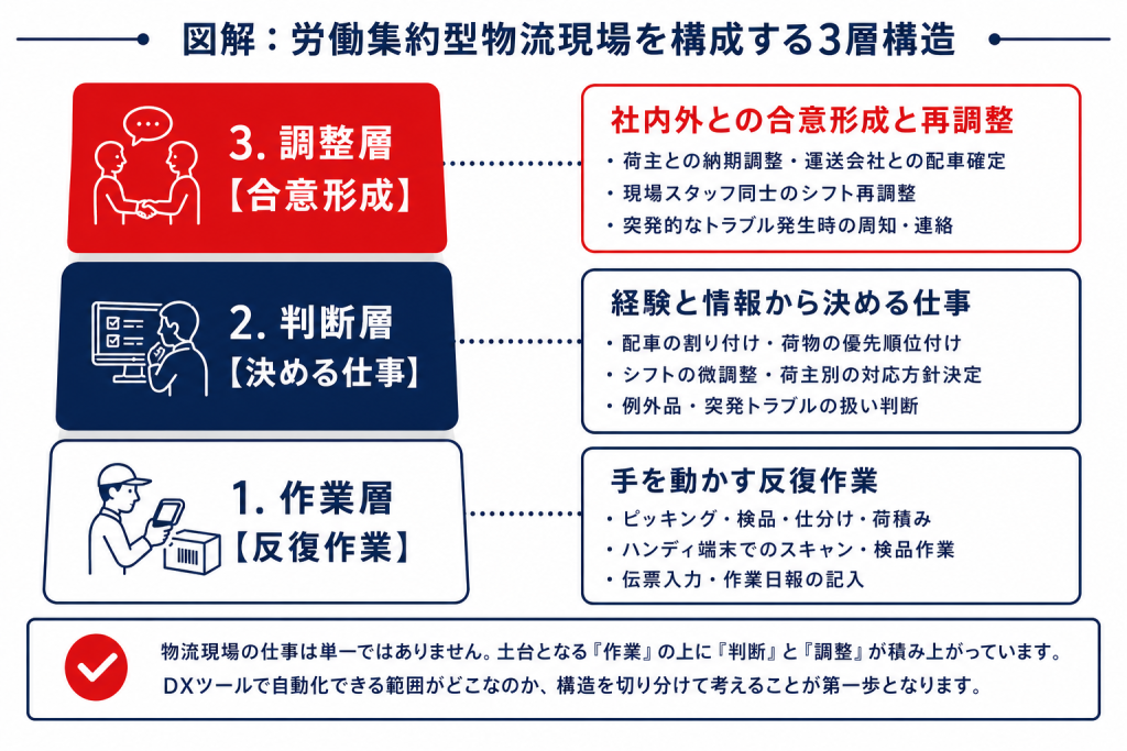 物流現場の仕事を作業層・判断層・調整層に分けた3層構造図