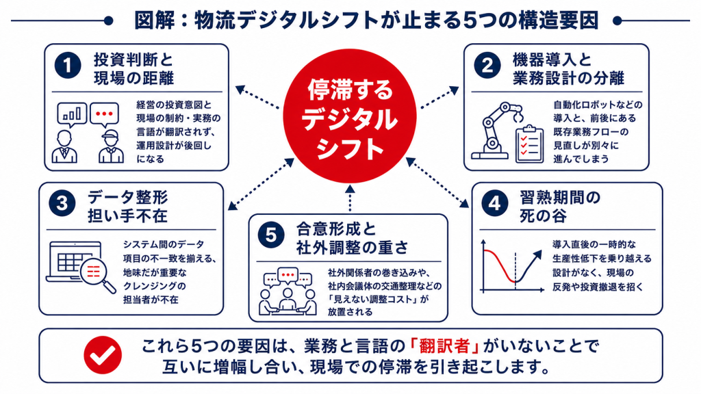 物流デジタルシフトが現場で止まる5つの構造要因を構造化した放射図