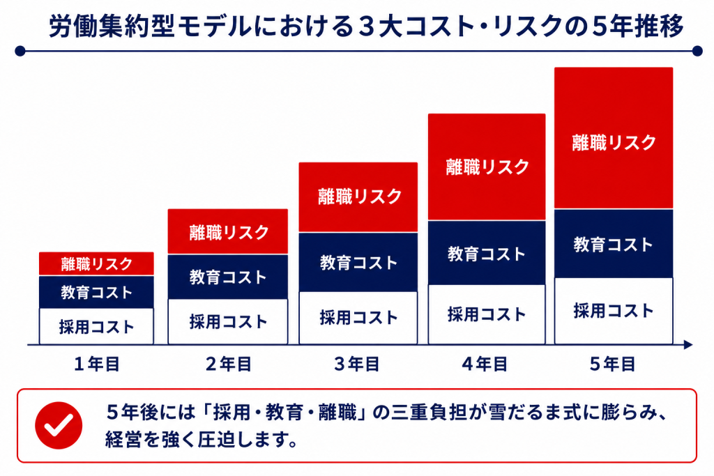 労働集約型のまま増員を続けた場合の5年後の三重負担構造
