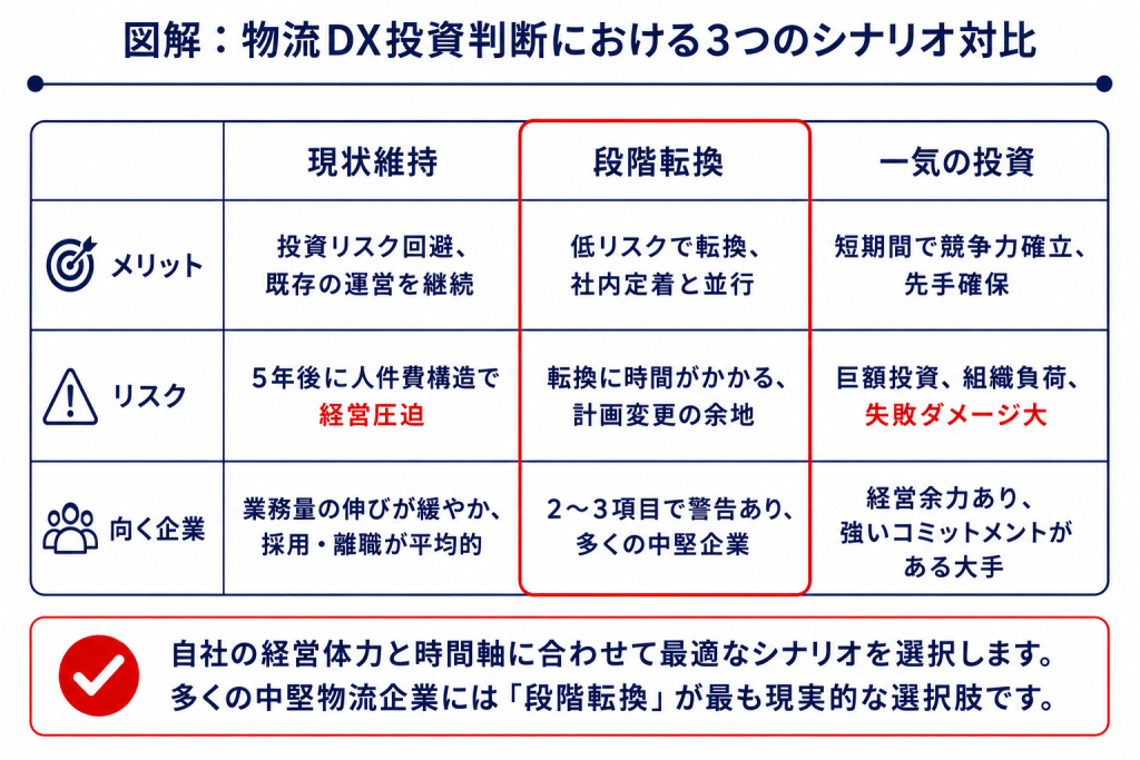物流DX投資判断の3シナリオの対比表