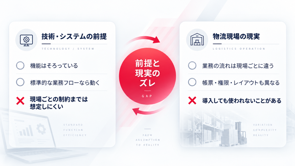 技術・システムの前提と物流現場の現実のズレを表した図