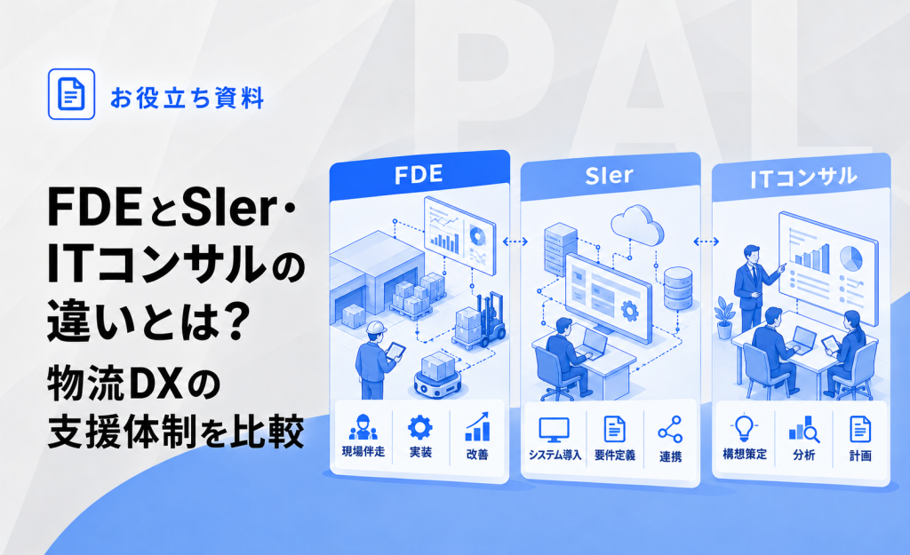 FDE・SIer・ITコンサルの違いを比較した図解。物流DXにおける現場伴走・システム実装・構想策定の役割と支援体制を紹介