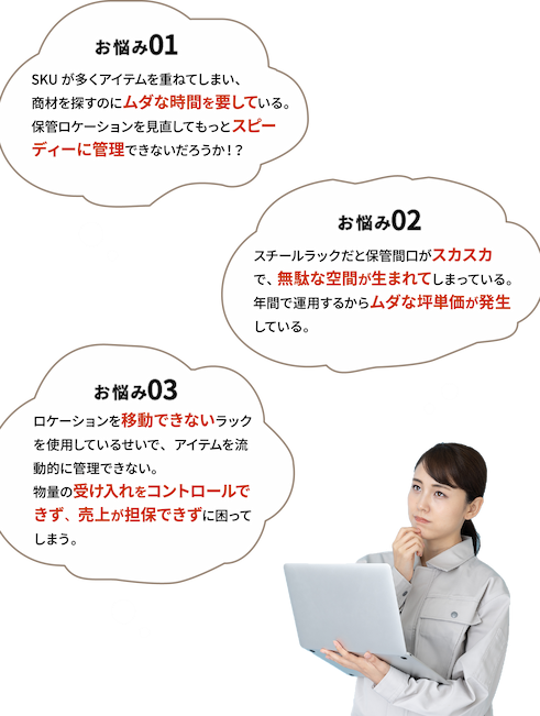 お悩み 01 商品の種類が多く商品の増減に合わせてすぐレイアウトを変更したい! お悩み 02 よくみると保管間口がスカスカで空間がもったいない！ お悩み03 安くて丈夫で簡単に移動できる夢のような棚が欲しい！